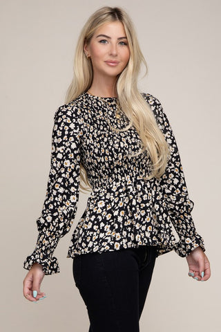 Allover Floral Shirred Peplum Blouse