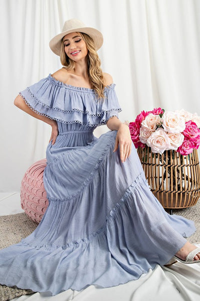 OFF THE SHOULDER RUFFLE MAXI DRESS