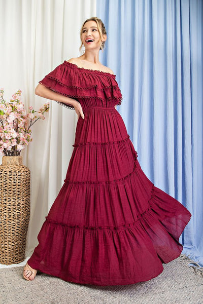 OFF THE SHOULDER RUFFLE MAXI DRESS