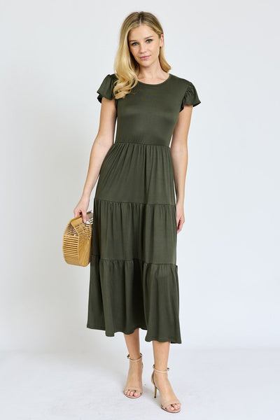 Solid Flutter Sleeve Tiered Tea Length Dress