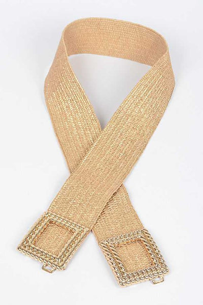 Double Buckle Metallic Faux Straw Elastic Belt