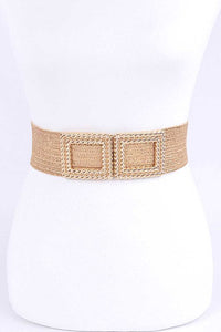 Double Buckle Metallic Faux Straw Elastic Belt