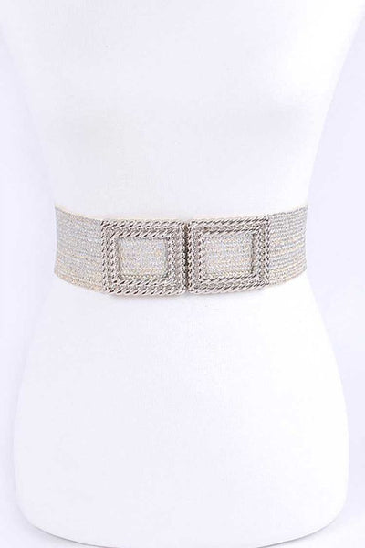 Double Buckle Metallic Faux Straw Elastic Belt