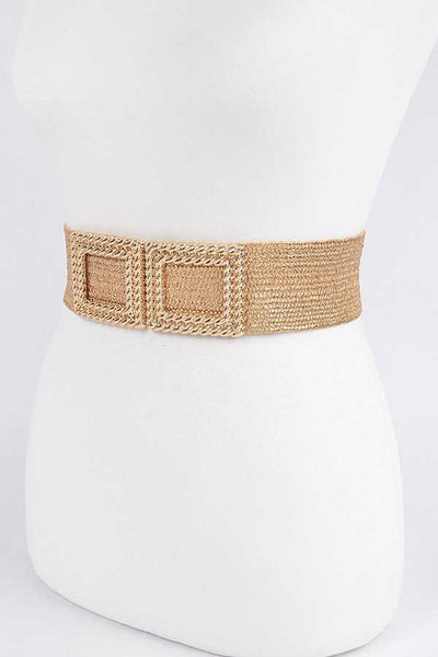 Double Buckle Metallic Faux Straw Elastic Belt