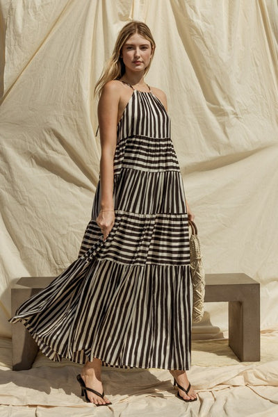 Sleeveless Stripe Maxi Tiered Dress