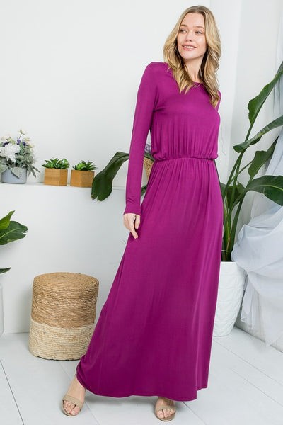 SOLID ELASTIC WAIST MAXI DRESS