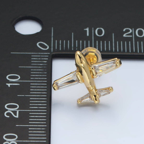 24K Gold Filled Baguette CZ Airplane Travel Stud Earrings