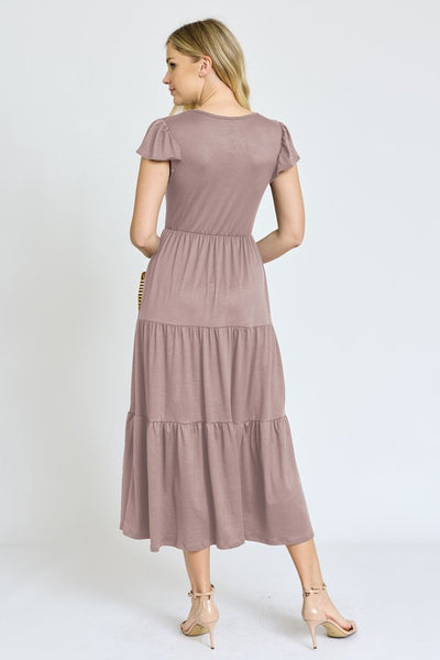 Solid Flutter Sleeve Tiered Tea Length Dress