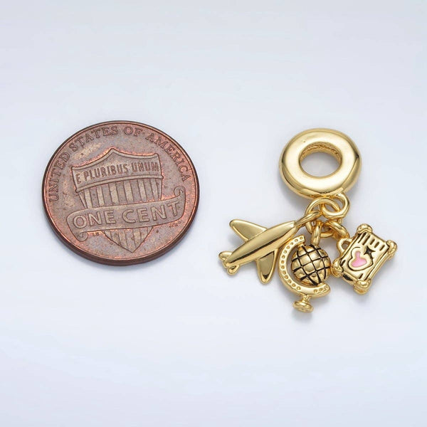 24K Gold Filled Suitcase Globe Airplane Rhondelle Bail Triple Travel Drop Pendant