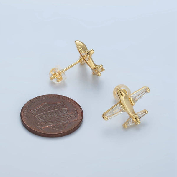 24K Gold Filled Baguette CZ Airplane Travel Stud Earrings