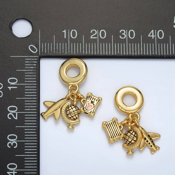24K Gold Filled Suitcase Globe Airplane Rhondelle Bail Triple Travel Drop Pendant