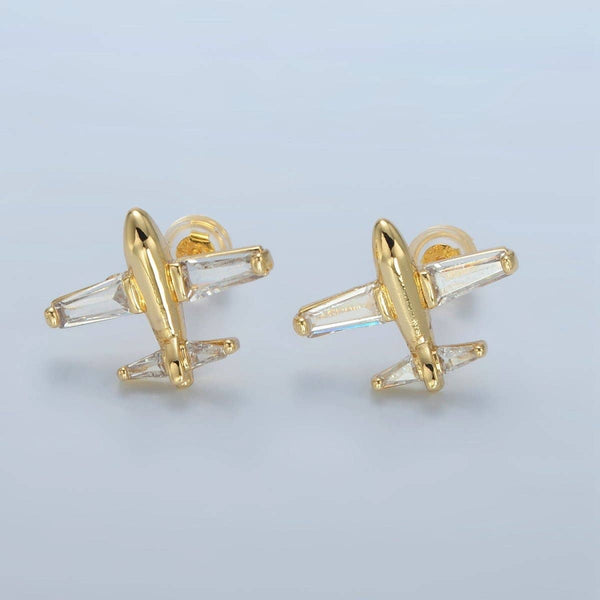 24K Gold Filled Baguette CZ Airplane Travel Stud Earrings