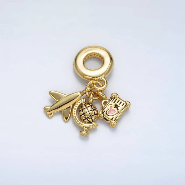 24K Gold Filled Suitcase Globe Airplane Rhondelle Bail Triple Travel Drop Pendant