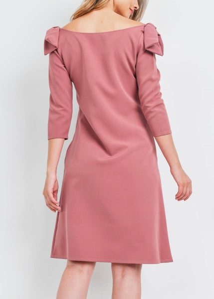 MAUPE BLUSH BOW SHOULDER DRESS