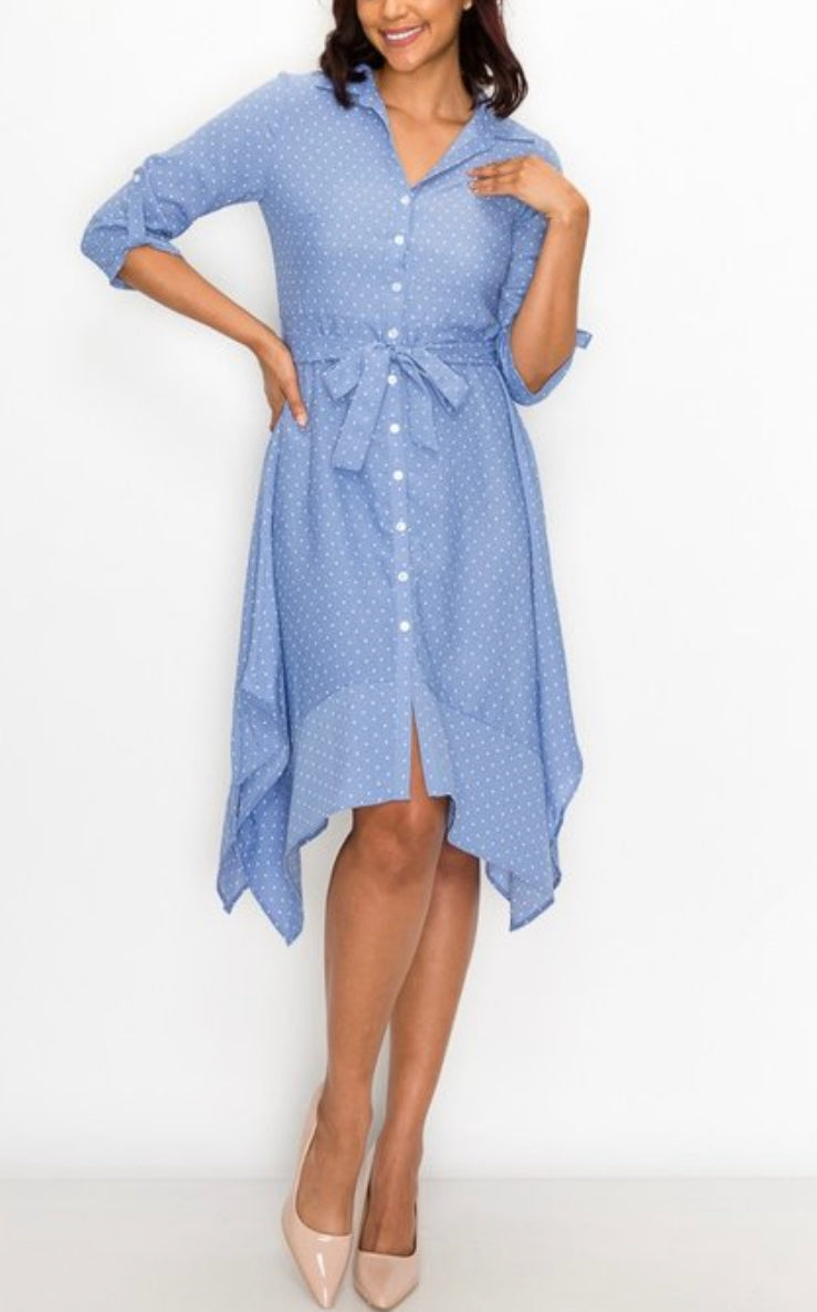 blue polka dot shirt dress FOX DRESS BLUE POLKA DOT – Nancy Dee main image 0