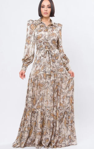 TAN LONG SLEEVE PRINT DRESS